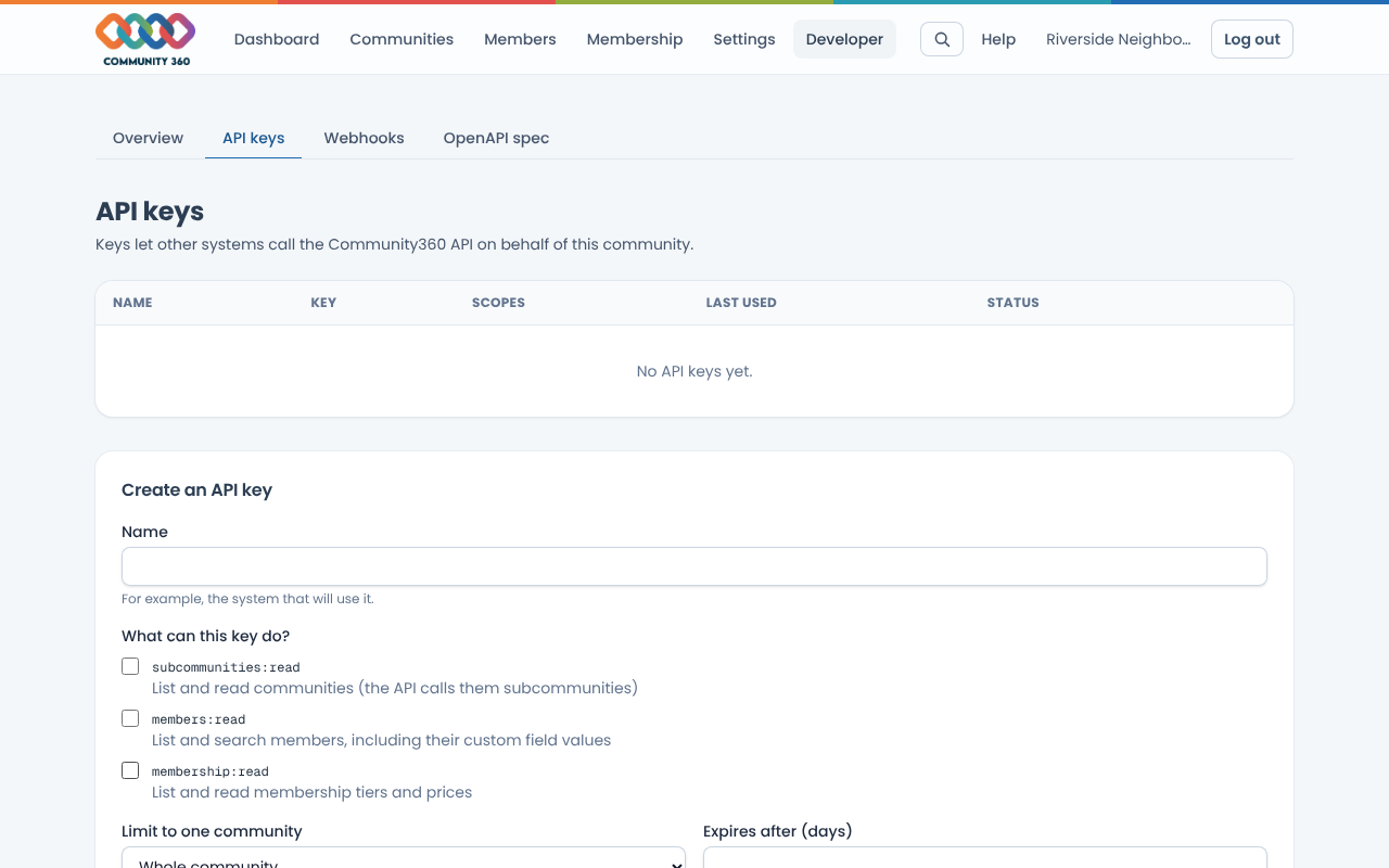The API keys page
