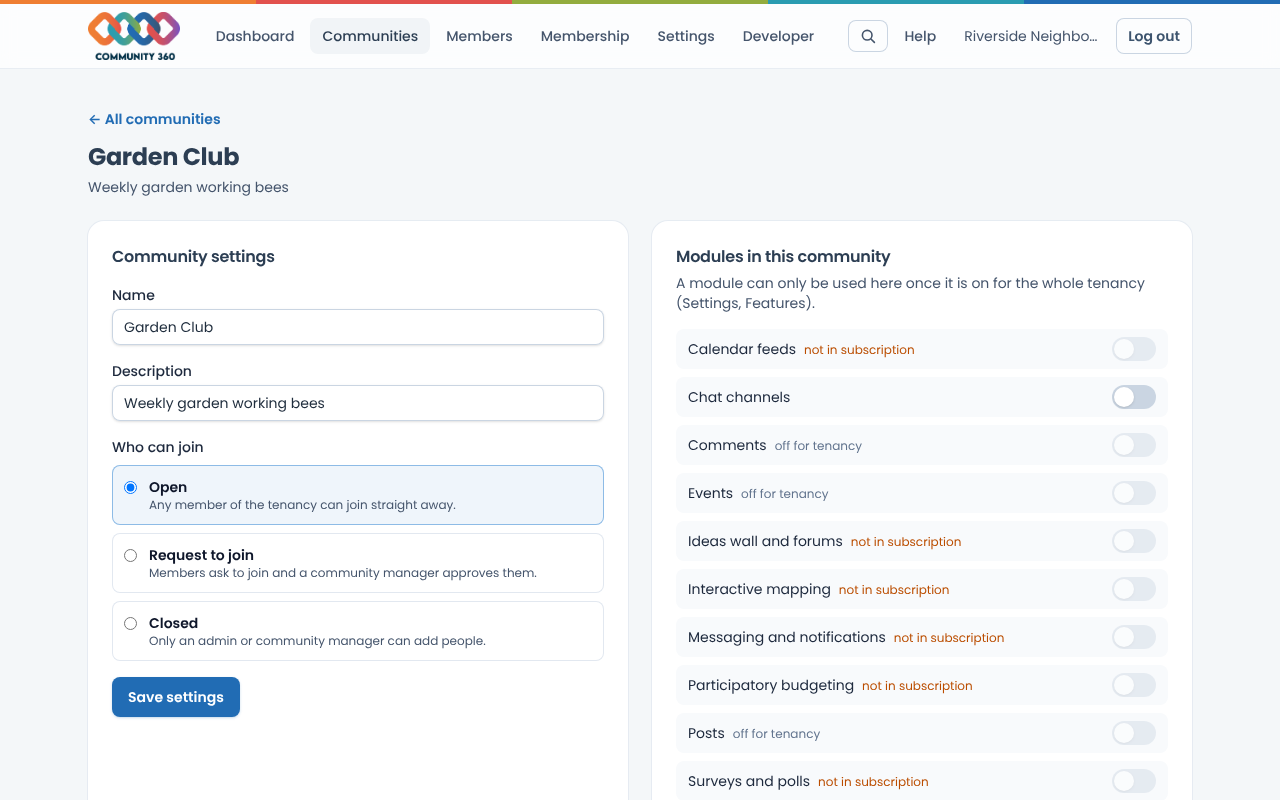 Community settings
