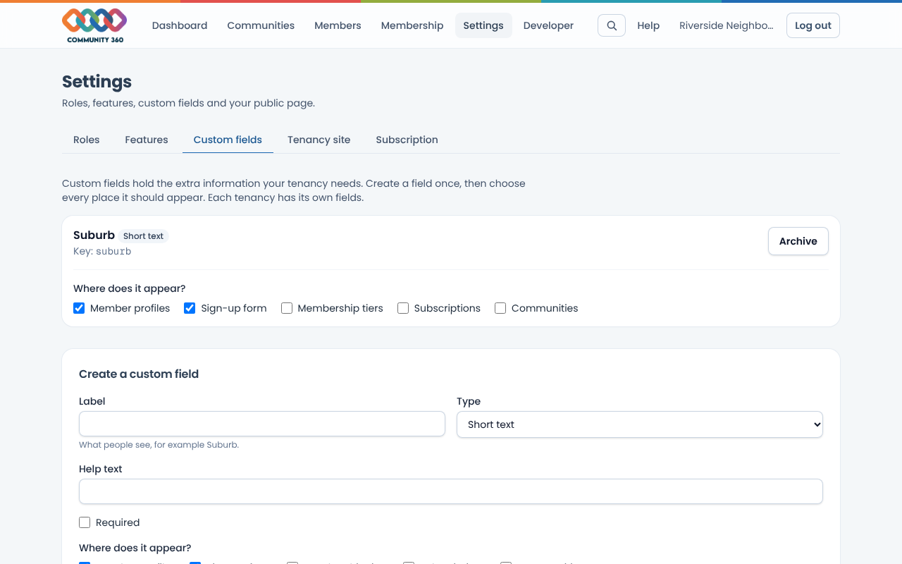 The custom fields page