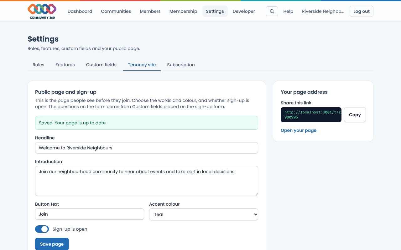 The tenancy site settings