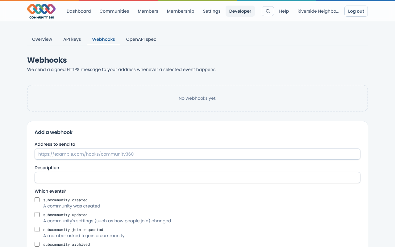 The webhooks page